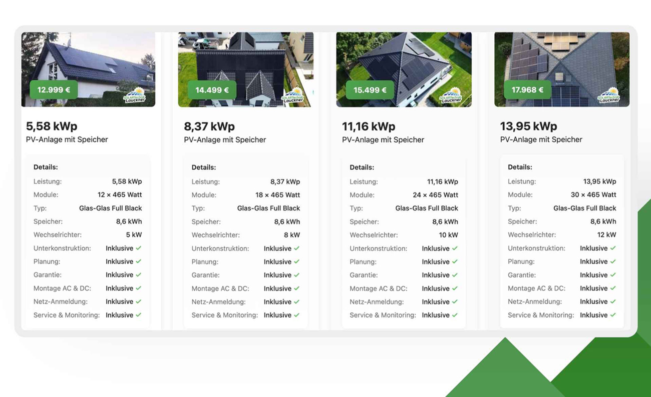Vergleich der PV-Komplettpakete von 5,58 bis 13,95 kWp mit Speicher