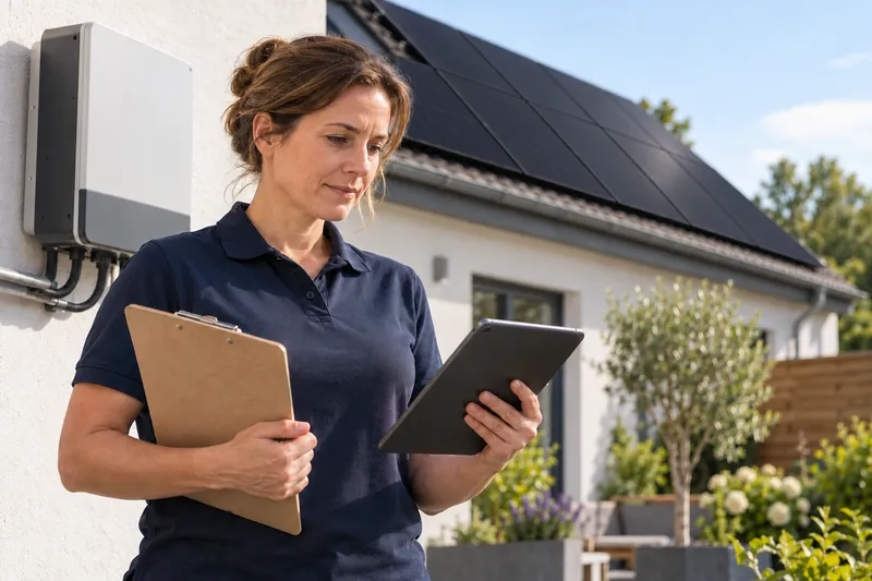 KI-generierte Abbildung einer Solartechnik-Fachkraft bei der Prüfung von Unterlagen an einer Anlage