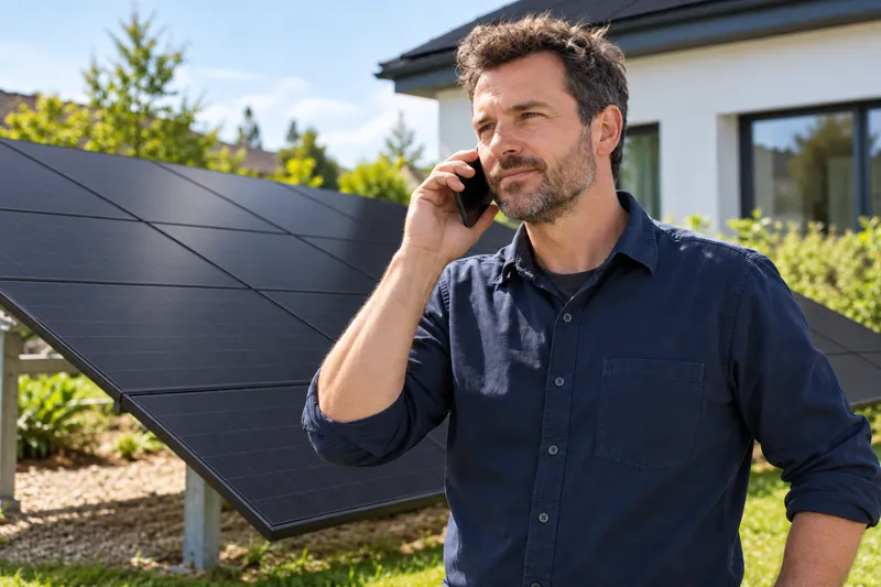 KI-generierte Abbildung eines technischen Ansprechpartners beim Servicegespräch an einer Solaranlage